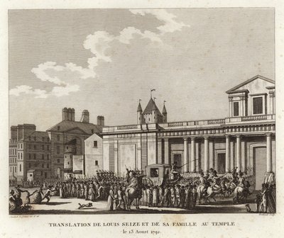 Folkemængder samles omkring vognen med Ludvig XVI og hans familie af Joseph Swebach Desfontaines