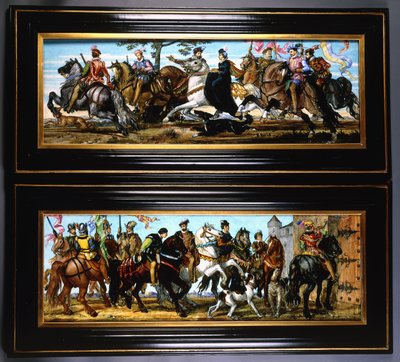 Et par keramikplader, der viser middelalderscener af jægere med hunde af Joseph Theodore Deck
