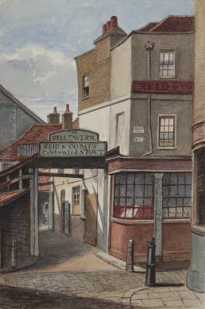 Udsigt over Bell Tavern, Addle Hill, der viser tegn til Reid og Companys fejrede stout og en kantstensstolpe, 1868 (wc på papir) af Joseph Thomas Wilson