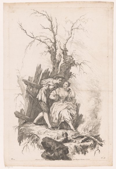 Mand og kvinde med hund ved bål Vinter Four Seasons (serietitel) af Joseph Wagner (possibly)