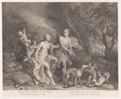 Venus og Adonis som elskere med fire putti af Joseph Wagner (possibly)
