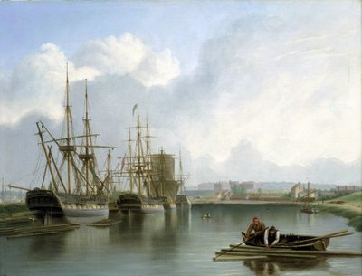 Beskrivelse af havnen i Bristol (England), med indianerskibe, der handler med og transporterer amerikansk tømmer, og læs af træ, der flyder på vandet med to mænd i en båd, der samler dem op med krog og gaffe af Joseph Walter