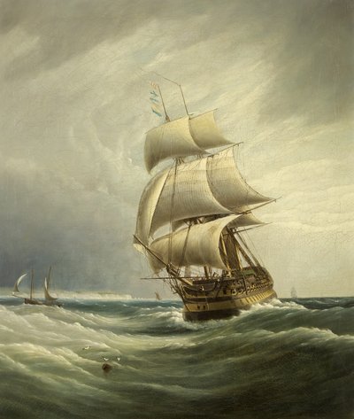 Tremastet skib før vinden (olie på lærred) af Joseph Walter