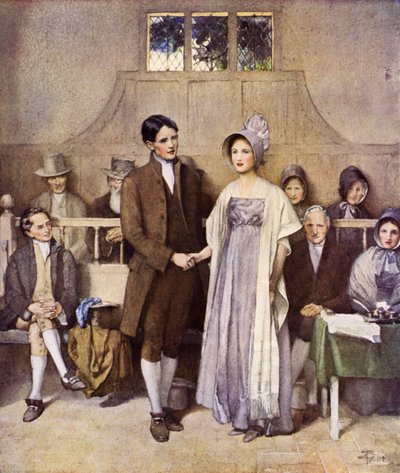 Et Quaker-bryllup, kærlighed og loyalitet (farve litho) af Joseph Walter West