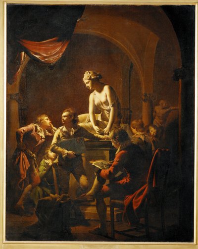 En klasse på et malerakademi omkring en gipsafstøbning af nymfen med muslingeskal ... (maleri på lærred) af Joseph Wright of Derby