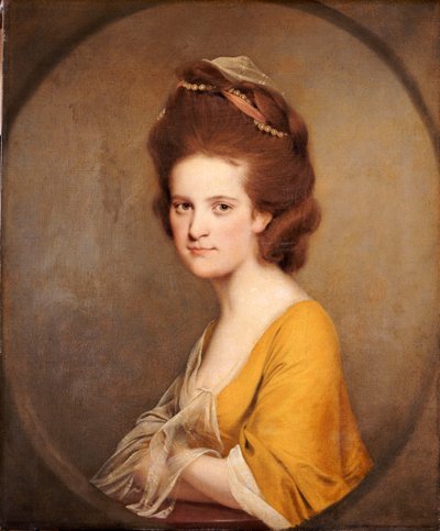 Portræt af Dorothy Hodges, halv længde, i gul kjole af Joseph Wright of Derby