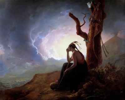 Enken efter en indianerhøvding, der våger over sin mands våben. Maleri af Joseph Wright fra Derby (1734-1797) 1785 Derby, Derby museum af Joseph Wright of Derby