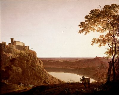 Udsigt over Lake Nemi i skumringen Maleri af Joseph Wright dit Wright fra Derby (1734-1797) af Joseph Wright of Derby