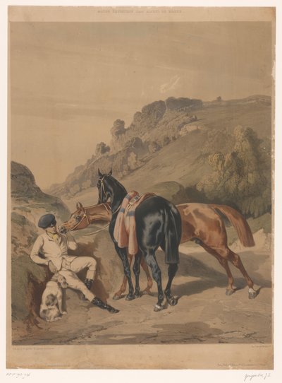 To heste med hvilende rytter i et landskab Heste efter Alfred de Dreux (serietitel) Motiver équestres d