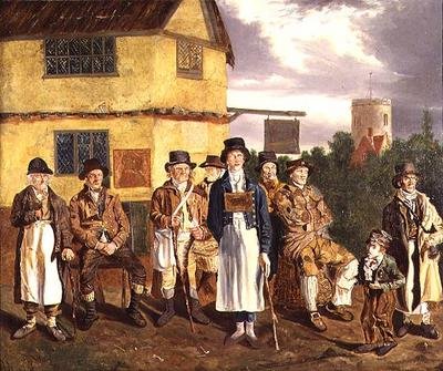 Norwich-karakterer, L. til R., Peter Thomas, C. Grimer, R. Gurney, R. Gallant, Blind Dan, John of Poringland, Joe Doe, Whistling Cuckoo Boy og Wyer af Joseph and Alfred Stannard