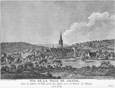 Udsigt over byen Liesthal i Basel, taget fra en vingård ved floden Ergolz. af Joseph de Longueil