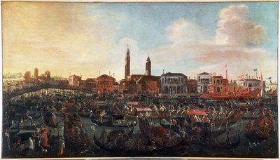 Freskens fest"" på himmelfartsdagen i Murano, Venedig"" San Cipriano-klosteret til højre og kirken Santo Stefano i midten, forsvandt i dag (festen for "" Fresco" på Kristi Himmelfartsdagen i Murano-øen, Venedig) Maleri af Jo af Joseph the younger Heintz