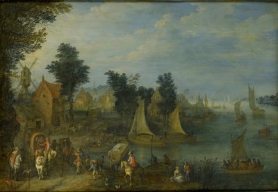 Landsby ved bredden af en flod af Joseph van Bredael