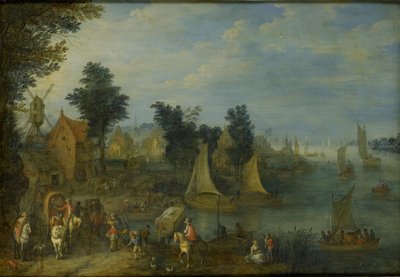 Landsby på bredden af en flod af Joseph van Bredael