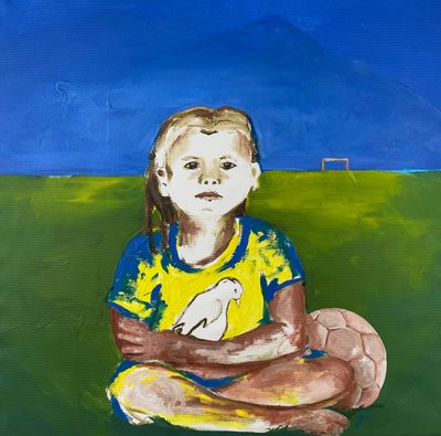 Mädchen mit Taube (Pige med due), 2022 (akrylmaling på lærred) af Josephine Henning