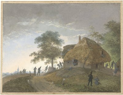 Slag på en stråtækt kro eller hus på en bakke af Josephus Augustus Knip