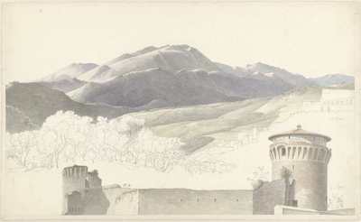 Landskab ved Subiaco og bygning i Rom af Josephus Augustus Knip