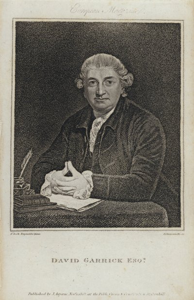 David Garrick, engelsk skuespiller, dramatiker og teaterchef (gravering) af Joshua (after) Reynolds