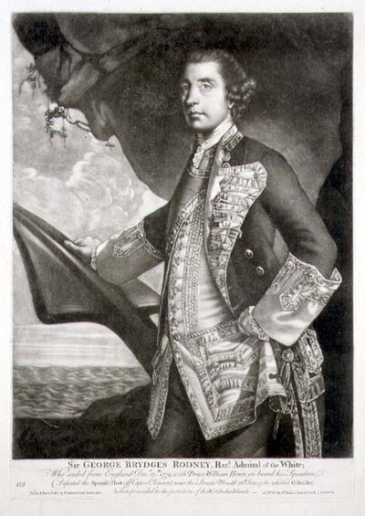 Portræt af Sir George Brydges Rodney (1719-92) Admiral of the White, indgraveret af William Dickinson (1746-1823) pub. af Carington Bowles (fl.1744-93) (gravering) af Joshua (after) Reynolds