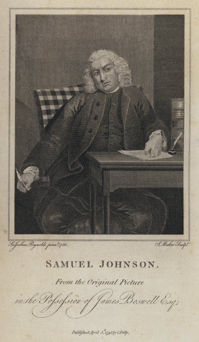 Samuel Johnson, engelsk forfatter og leksikograf (gravering) af Joshua (after) Reynolds