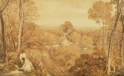 Skovklædt landskab med hytter og landsmænd, Hurley, Berks, 1818 (wc over grafit på papir) af Joshua Cristall