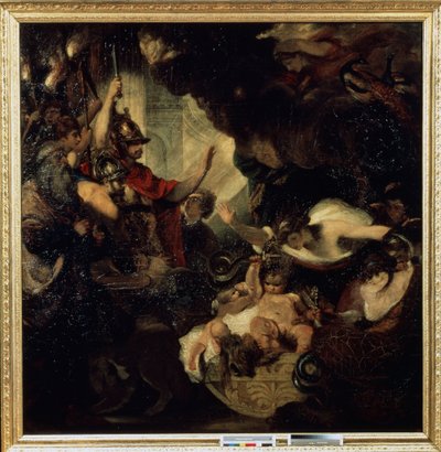 Spædbarnet Hercules kvæler slangerne Blandt de repræsenterede figurer: seeren Tiresias (til venstre) og gudinden Juno (Hera) med påfugle (øverst til højre). Maleri af Sir Joshua Reynolds (1732-1792) af Joshua Reynolds