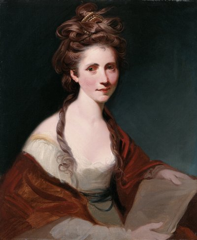 Portræt af Angelica Kauffmann, halvlængde i hvidt iført rødt sjal af Joshua Reynolds