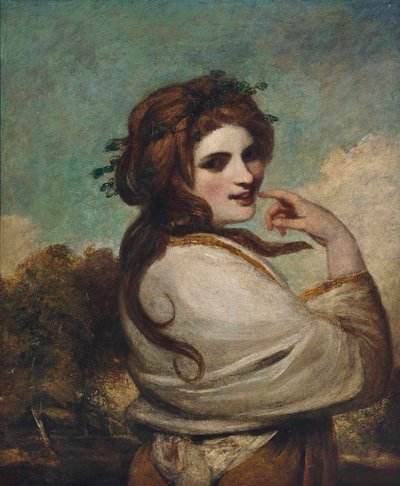 Portræt af Emma, Lady Hamilton, som en Bacchante, halvlang, i gul kjole og hvidt sjal, i et landskab af Joshua Reynolds