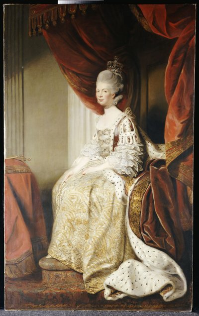 Portræt af dronning Charlotte, fuld længde, siddende i statens klæder af Joshua Reynolds