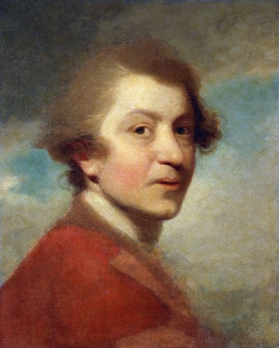 Portræt af kunstneren, hoved og skuldre, i en rød kjole af en doktor i lov og hvidt lager - ufærdig, af Joshua Reynolds