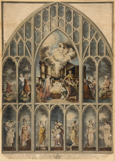 Reynolds-vinduet, der afbilder de syv dyder (håndfarvet gravering) af Joshua Reynolds