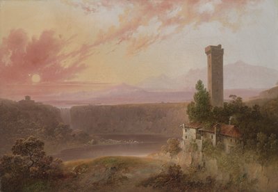 Udsigt over Nemi-søen ved solnedgang, ca. 1840-50 af Joshua H. Shaw