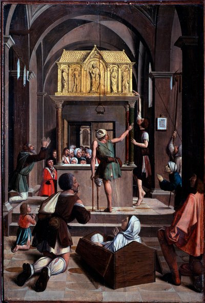 Life of St Sebastian: pilgrimme på St Sebastians grav - olie på træ af Josse (fl.1493 1508) Lieferinxe