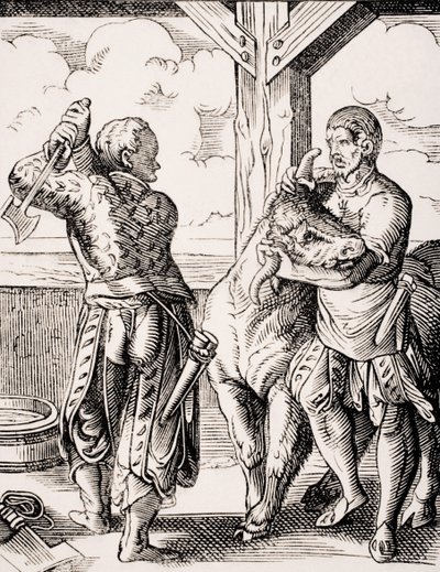 The Butcher and his Assistant, jäljennös Jost Ammanin (1539-91) 1500-luvun kaiverruksesta Paul Lacroixin (1806-84) teoksesta "Le Moyen Age et La Renaissance", julkaistu 1847 (litho) af Jost (after) Amman