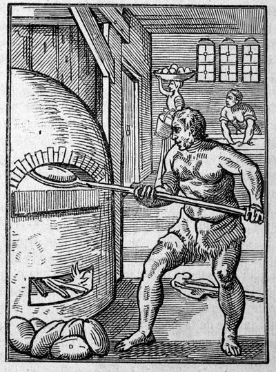 En bager, der bager brød i en ovn. Gravering af Jost Amman (1539-1591) fra det 16. århundrede. af Jost Amman