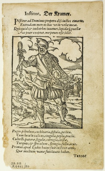 Der Kramer (The Peddler) fra De omnibus illiberalibus sive mechanicis artibus af Hartmann Schopper, plade 50 fra Woodcuts from Books of the XVI Century af Jost Amman