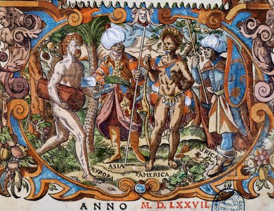 Fire kontinenter, detalje fra titelbladet, gravering af Jost Amman (1539-1591) af Jost Amman