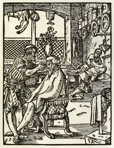 Barberne fra en serie, der skildrer erhverv og erhverv, som først blev offentliggjort i Das Ständebuch 1568 i Frankfurt, Tyskland af Jost Amman
