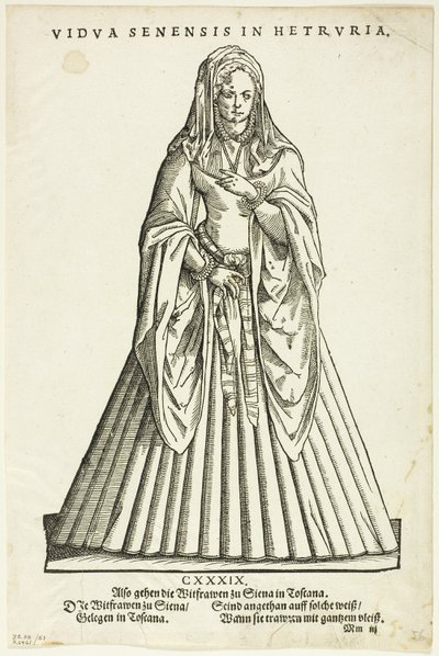 Vidua Senensis in Hetruria (Enken fra Siena i Toscana) fra H. Weigels Trachtenbuch, plade 51 fra Woodcuts from Books of the XVI Century (Træsnit fra bøger fra det 16. århundrede) af Jost Amman