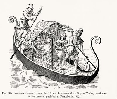 Venetiansk gondol, fra Grand Procession of the Doge of Venedig, illustration fra videnskab og litteratur i middelalderen og renæssancen, skrevet og indgraveret af Paul Lacroix, 1878 ( af Jost (after) Amman