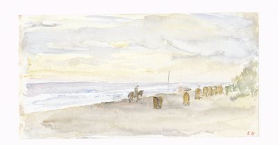 Strandudsigt med rytter og strandstole af Jozef Israëls