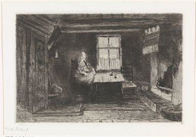 Interiør med mor og barn af Jozef Israëls (signed by artist)