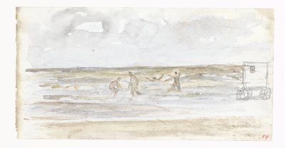 Badende i havet og en strandvogn af Jozef Israëls