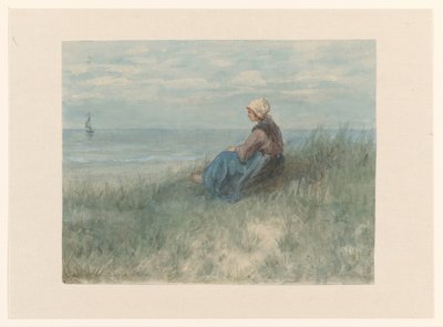 En kvinde sidder på en klit og ser på havet af Jozef Israëls