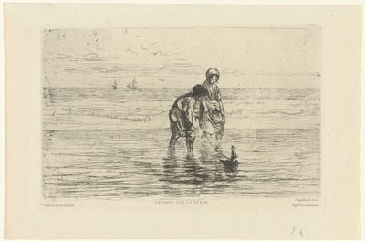 Børn leger med en båd på stranden Enfants sur la plage (titel på objekt) af Jozef Israëls
