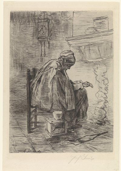 Gammel kvinde ved pejsen af Jozef Israëls