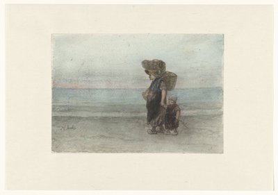Kvinde med barn, der går på stranden af Jozef Israëls