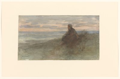 Kvinde sidder på en klit ved havet af Jozef Israëls