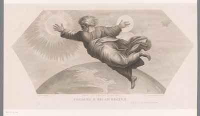 Gud skaber solen og månen Fecit duo luminaria magna. gen. I. Fredericae Belgii reginae (titel på objekt) Les loges de Raphaël (...) sujets de la bible (serietitel) Bibelske scener fra Rafaels loger (serietitel) af Jozef Karel De Meulemeester