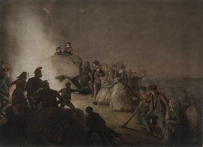 St. Hansaften. Bønder, som har tændt blus på en kæmpehøj, danser omkring ilden af Jørgen V. Sonne